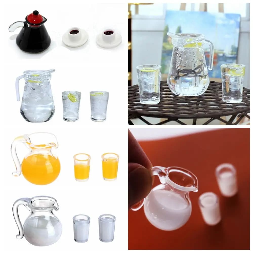 Carafe à boisson l'inventaire, modèle de simulation, tasse à café, lait, citron, eau, jus d'orange, 