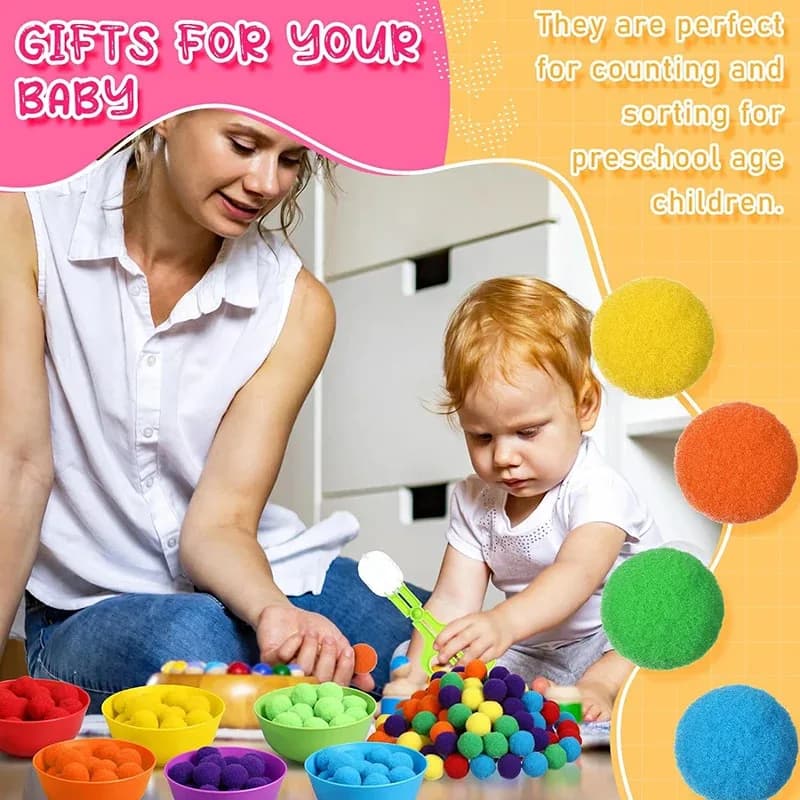 Jouets de comptage et de tri pour enfants, pompons, couleurs arc-en-ciel, bols en plastique, pincett