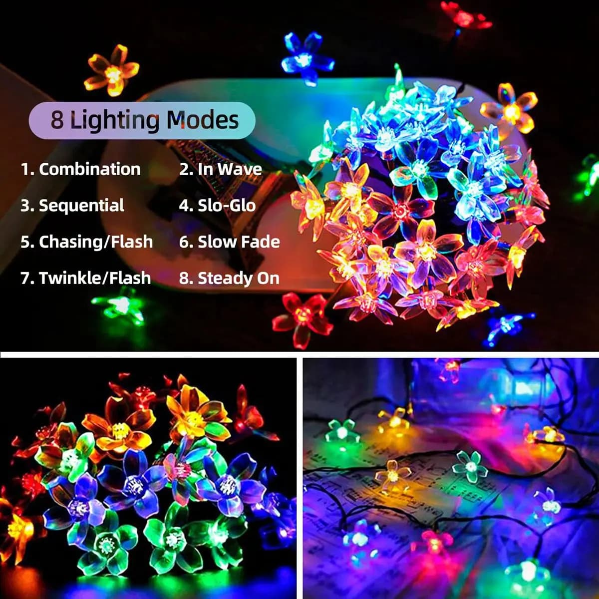 1PC chaîne solaire fleur lumières extérieur étanche 20/30/50/100 LED fée lumière pour jardin clôture