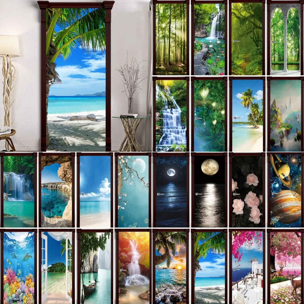 Autocollant de porte de plage auto-adhésif 3D bricolage, PVC, cascade, phare, forêt, papier peint, s