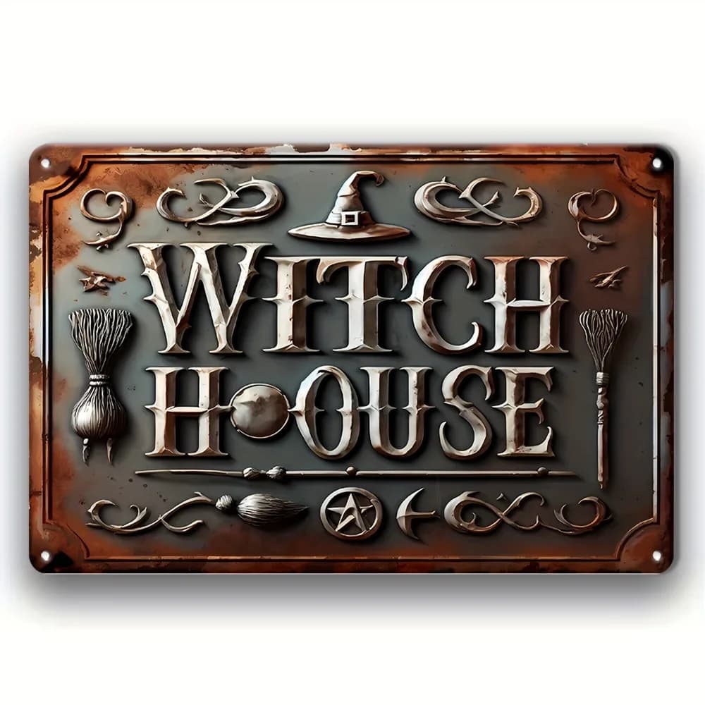 Panneau en fer de maison de sorcière de style vintage : tenture murale décorative pour la maison, le