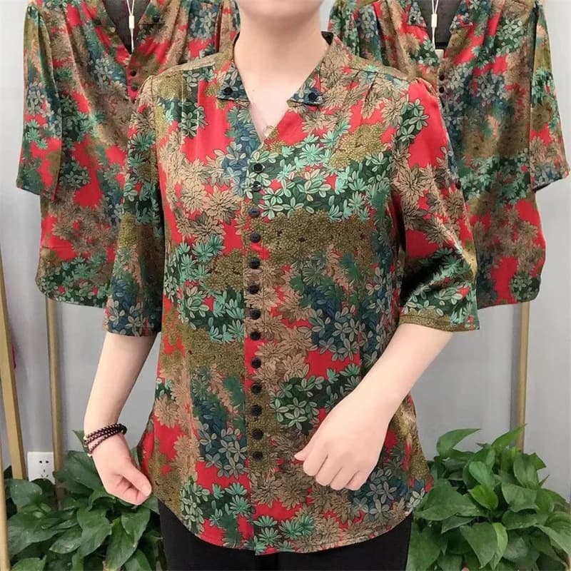 Haut à col en v fragmenté pour maman âgée d'âge moyen, chemise ample avec tempérament Noble, pour X4