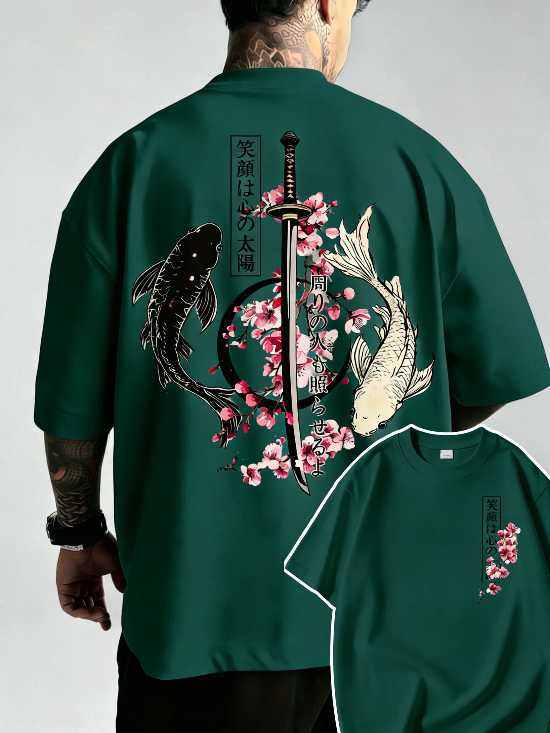 T-Shirt d'été en coton pour hommes, motif poisson Koi et épée de samouraï japonais Yin Yang, à manch