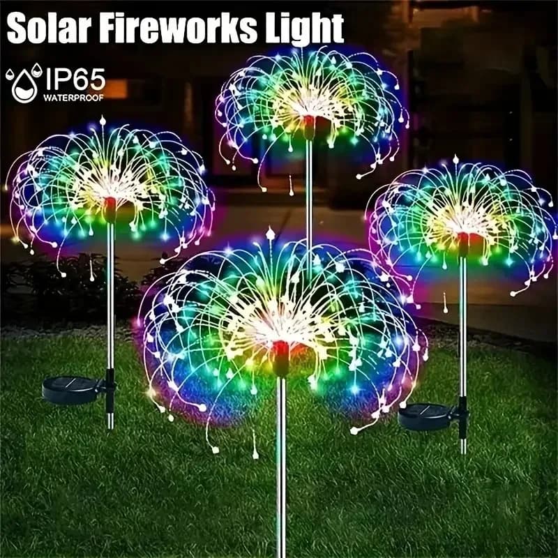 1 paquet de lumière solaire de pelouse de feu d'artifice extérieur, lumières féeriques de fleur de j