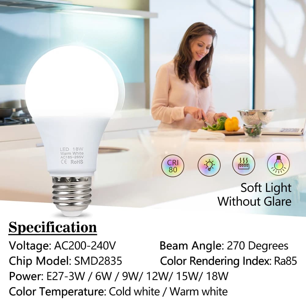 Ampoule LED AC 220V-240V, Smart IC, haute luminosité, lampe Bombilla, budgétaire, 3W, 6W, 9W, 12W, 1