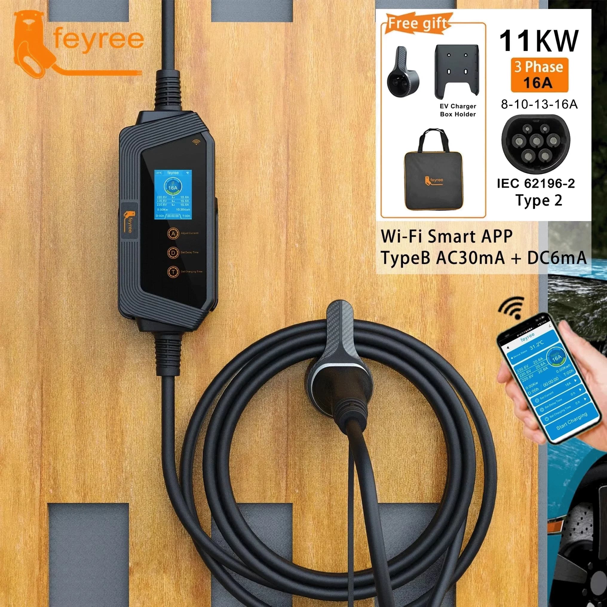 Feyree Type2 câble chargeur EV Portable 11KW 16A 3P chargeur de voiture Wi-Fi APP contrôle EVSE boît