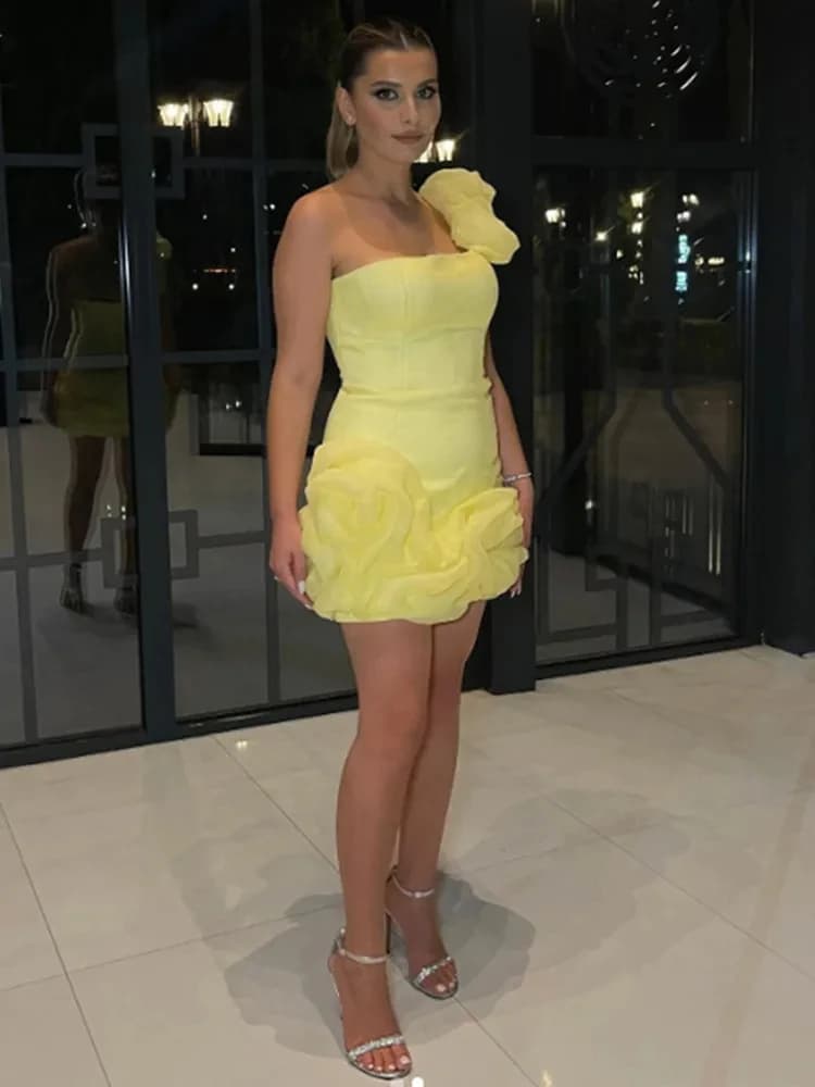 Robe de soirée jaune à volants pour femme, mini batterie, coton, sexy, élégante, club, fête, nouvell