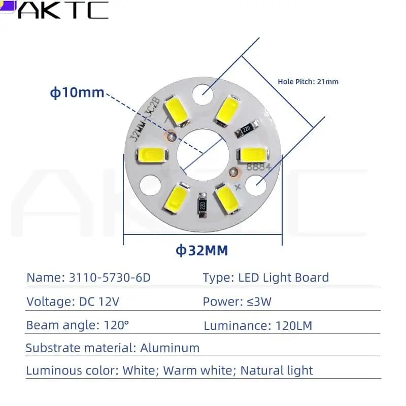 Panneau Lumineux LED DC 12V 3W SMD5730, 10 Pièces, Source de Lumière 6 Gible, Panneau Rond Dia 32mm,