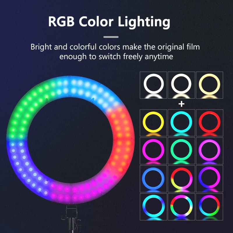 Éclairage ring light RGB avec trépied télescopique, support de téléphone, anneau lumineux de photogr