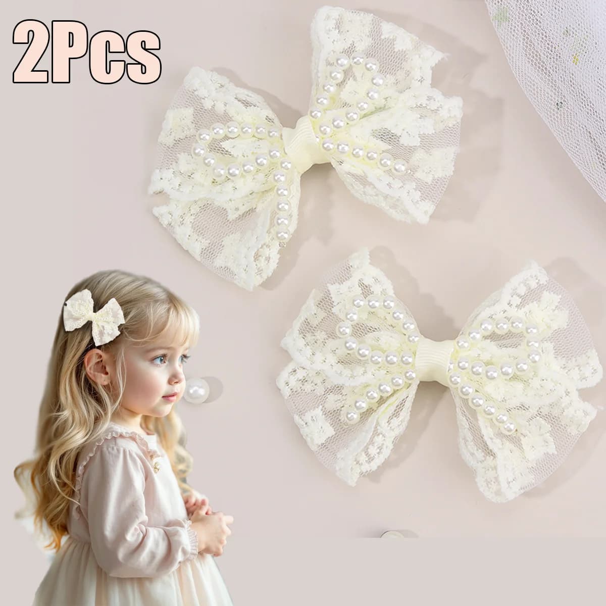 Pinces à cheveux avec nœud en dentelle pour filles, 2 pièces, épingles à cheveux en perles douces, B