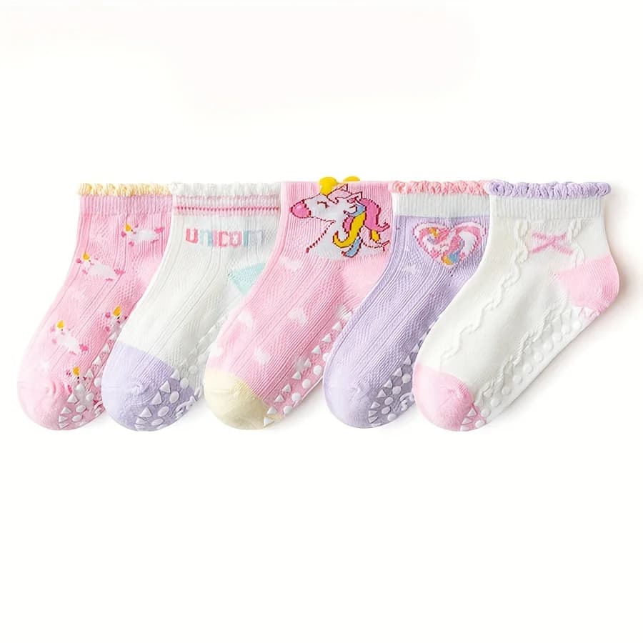 5 paires de chaussettes de sol pour enfants avec colle en dentelle, motif cœur licorne, garçons et f