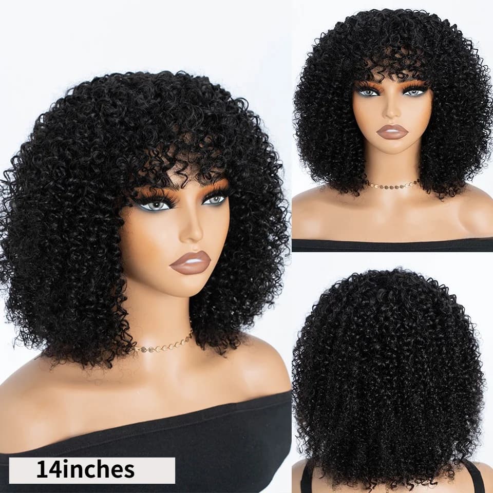 Perruques Bob Courtes Bouclées en Cheveux Humains, Perruques Afro Bouclées avec Frange, Perruques Bo