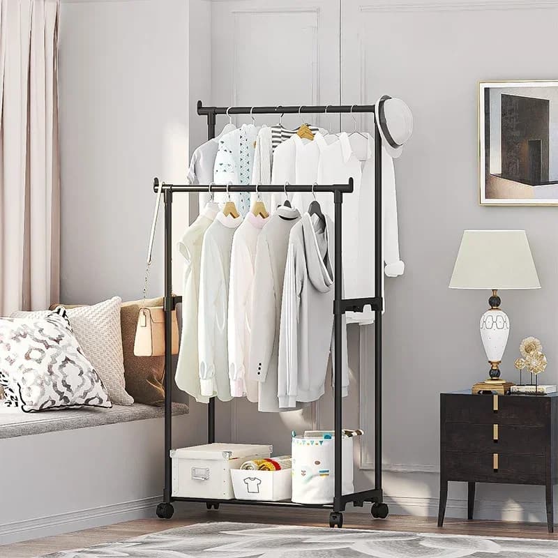 Porte-manteau mobile Double étagère à vêtements tige Simple vêtements sur pied chambre cintres de so