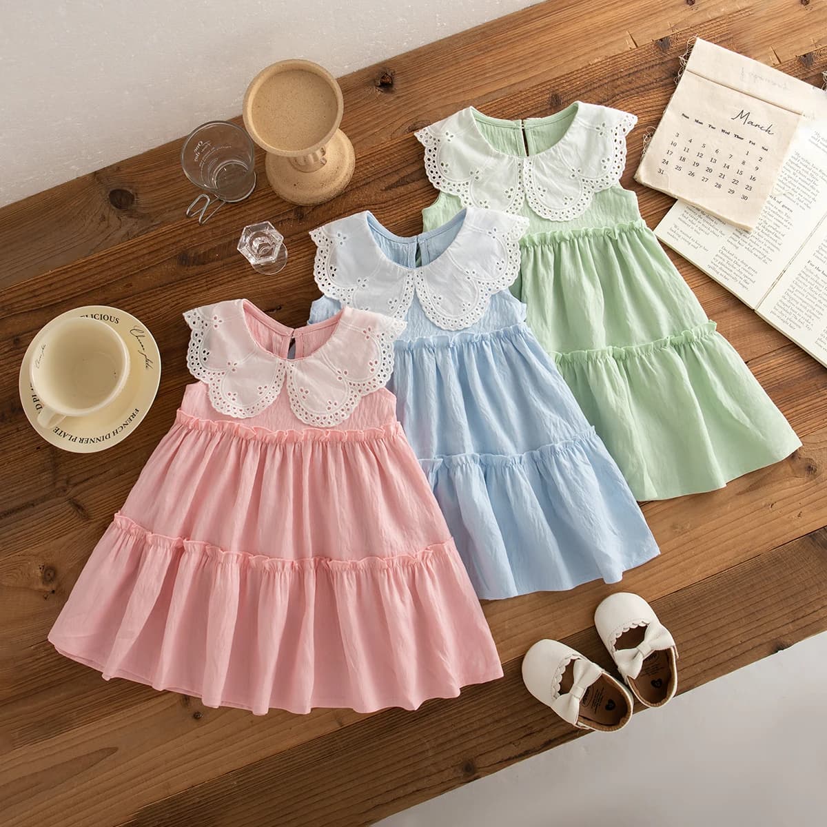 Vêtements d'été en coton pour petites filles, couleur unie, sans manches, à revers, robes de plage m