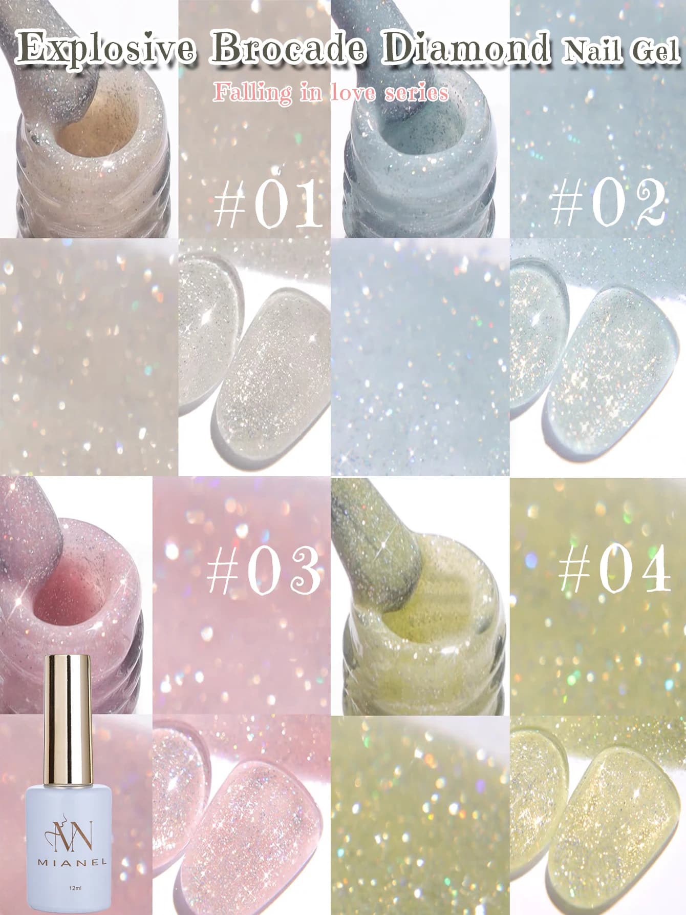 MIANEL 12ML Série Rose Bleu Blanc Vert avec Vernis à Ongles Gel Scintillant Explosif, Vernis Gel Dia