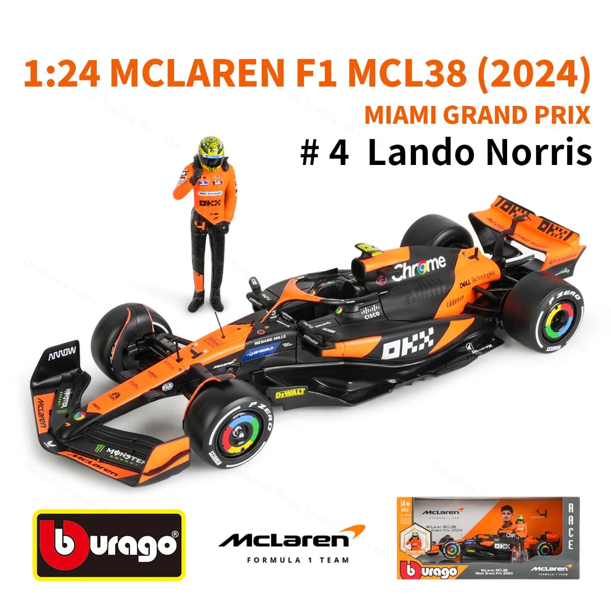 Bburago 1:24 Mclaren MCL38 Miami Grand Prix 2024 formule de course voiture statique moulé sous press