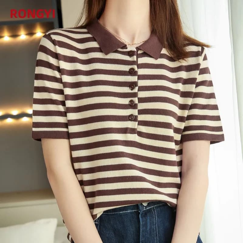 Leardean I-T-shirt à manches courtes pour femme, 100% coton, col polo, haut rayé et fin, printemps e