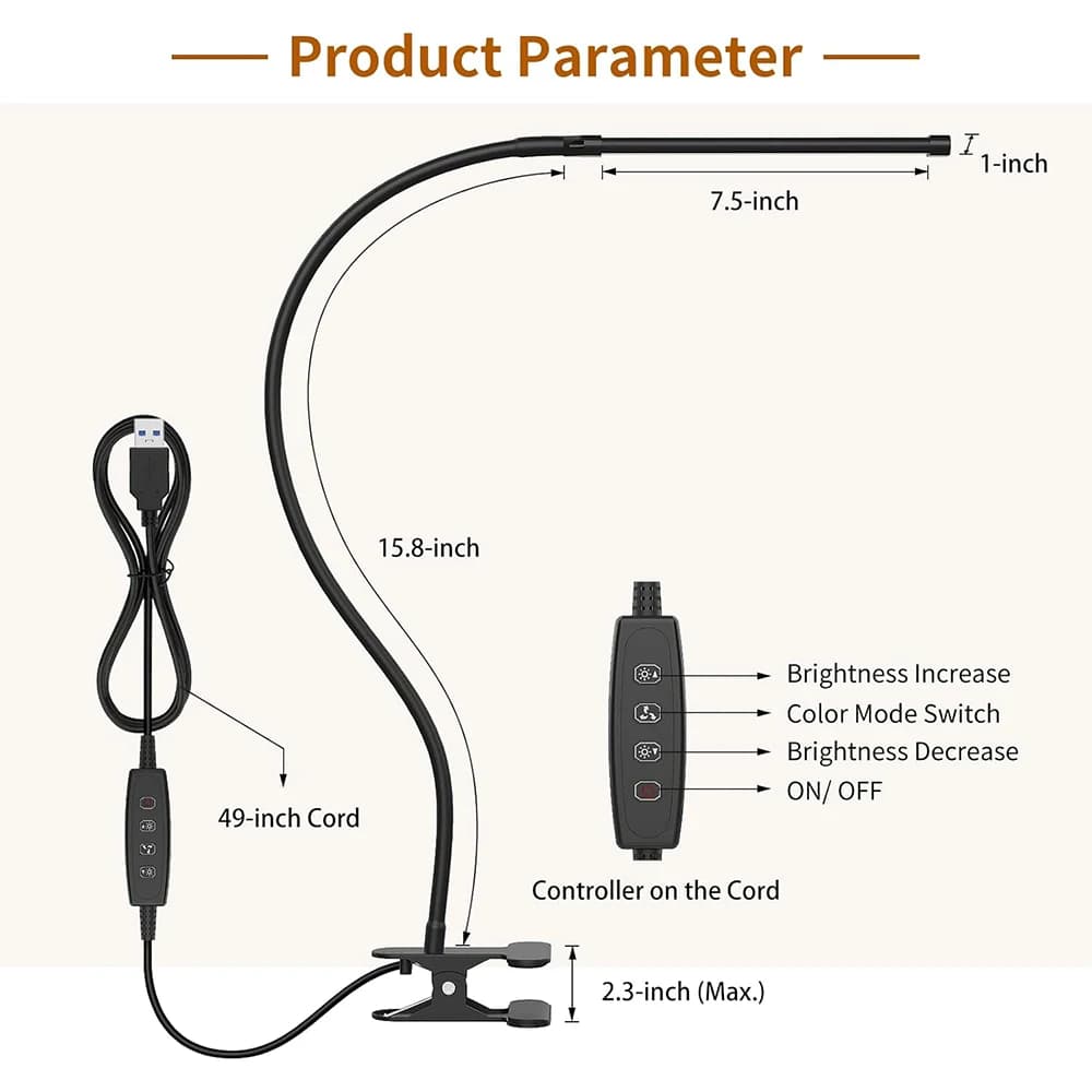 Lampe de bureau LED à clipser, lampe de lecture à intensité variable, soin des yeux, USB 360 ° Pince