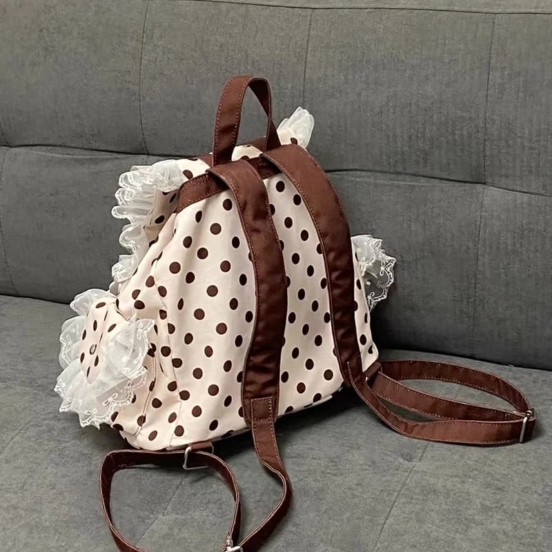 Sac à dos Preppy à pois avec nœud décoratif en dentelle, plusieurs poches, grande capacité, sac simp