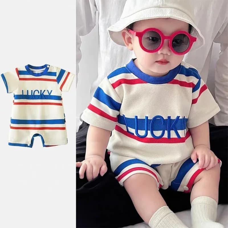 Nouvelle combinaison pour bébé, été, manches courtes, à rayures colorées, avec lettres, combinaison 