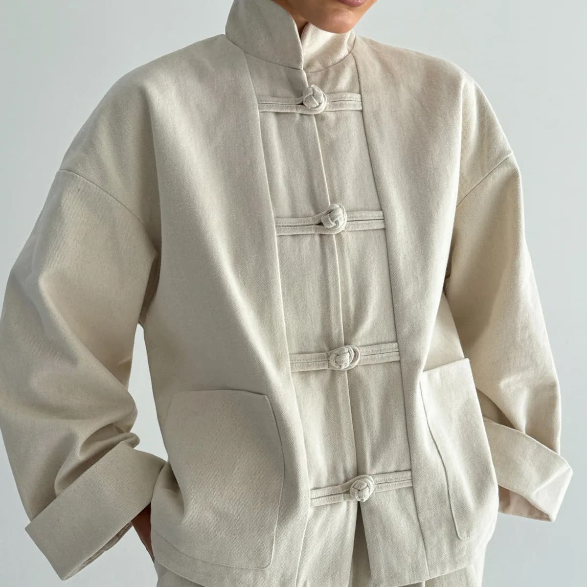 VTKW 2026 Nouvel ensemble veste et pantalon pour femme style chinois, col mandarin, boutons grenouil