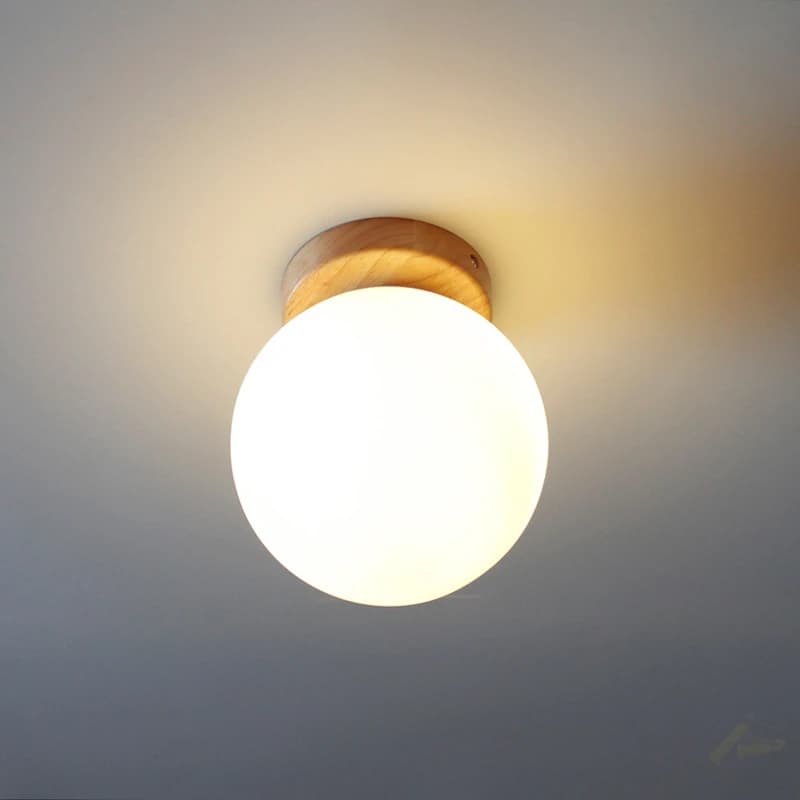 Boule de verre blanche plafond moderne à LEDs lampe salon socle en bois suspendus plafonniers éclair