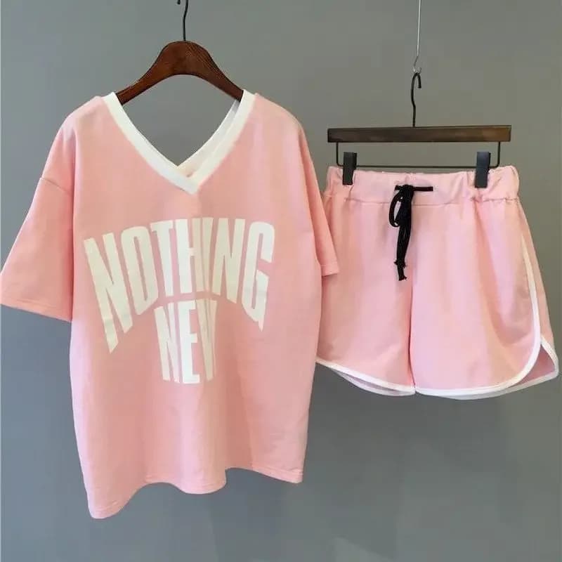 T-shirt manches courtes col en v pour femmes, ensemble 2 pièces, décontracté, mode coréenne, harajuk