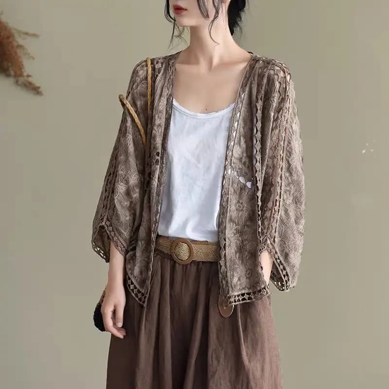 Espèrement-Cardigans d'été évidés pour femmes, vêtements fins, vintage, chic, gracieux, résistant au
