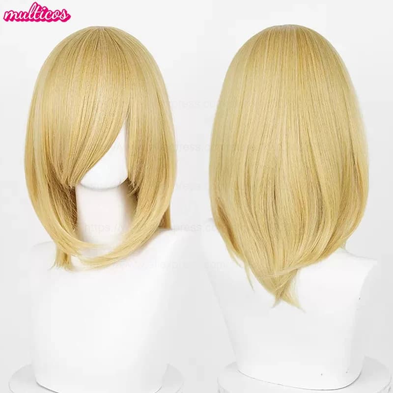 40 cm moyen basique Anime Cosplay perruque Bang Blond noir blanc rouge rose vert bleu marron or bleu