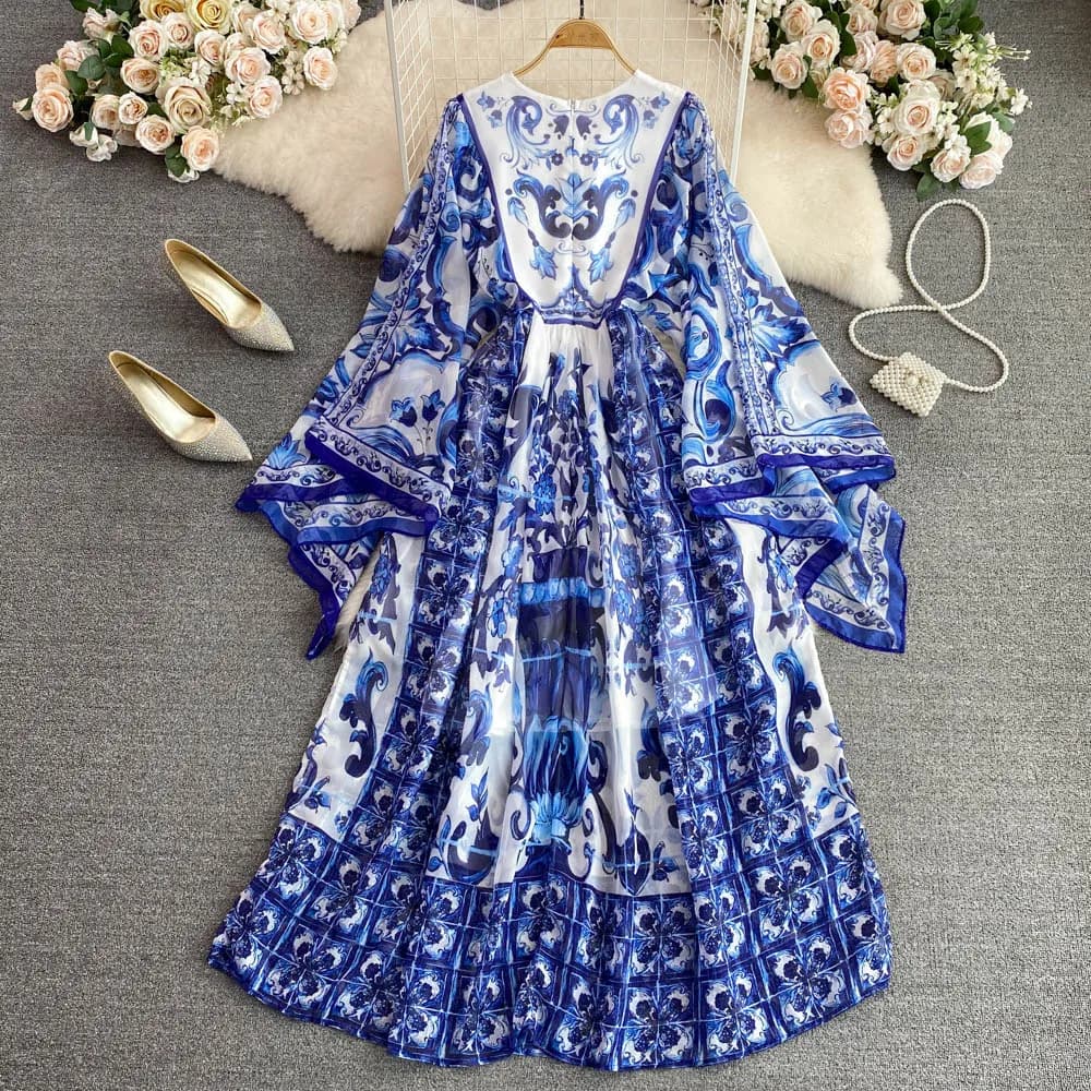 Robe Maxi à manches chauve-souris pour femmes, imprimé porcelaine bleue et blanche, style bohème, va