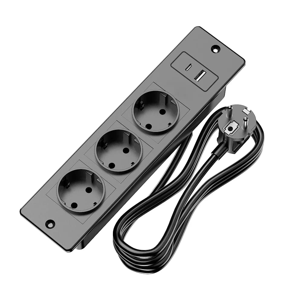 Prise encastrable noire UE pour comptoir, 3 prises CA, ports USB A+C, cordon d'extension de 1,5 m, p