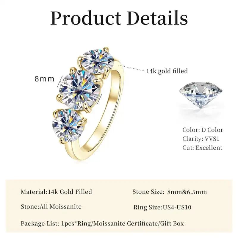 Lnngy – bague de fiançailles ronde en Moissanite pour femmes, 8mm et 6.5mm, en or 14K, trois pierres