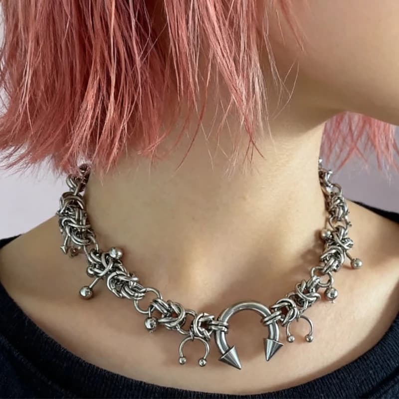 Punk mode acier inoxydable Rivet fer à cheval anneau bricolage pendentif collier pour les femmes Coo