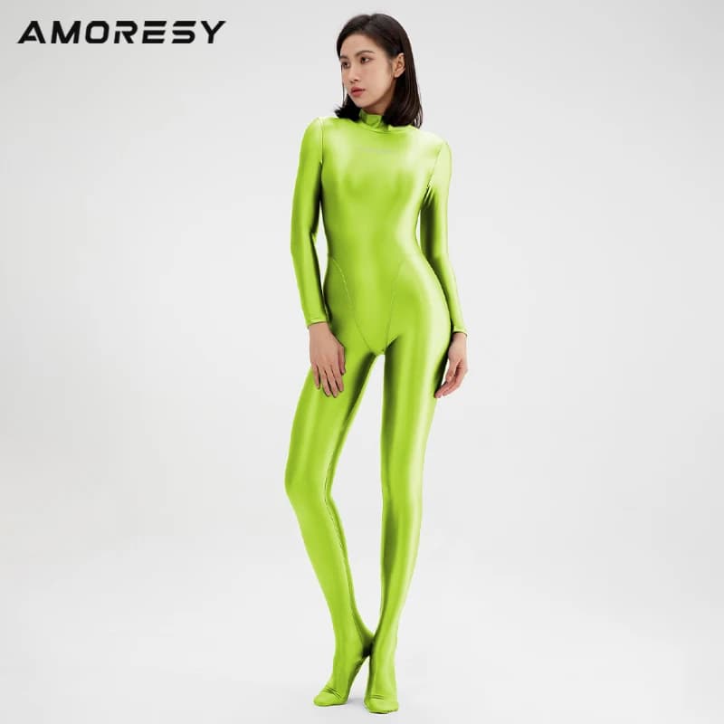 AMORESY Sexy Brillant Manga Longa Corpo Inteiro Collants huile Suave Correndo Macacão Yoga Zentai dé