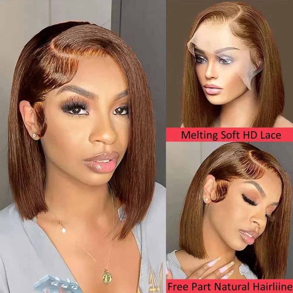 Perruque courte en cheveux humains de 14 pouces # 4 Lace Frontals Transparentes Marron Chocolat 13x4