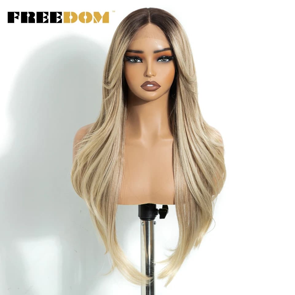 FREEDOM – perruque Lace Front Wig synthétique lisse avec frange, 26 pouces, perruque de Cosplay ombr
