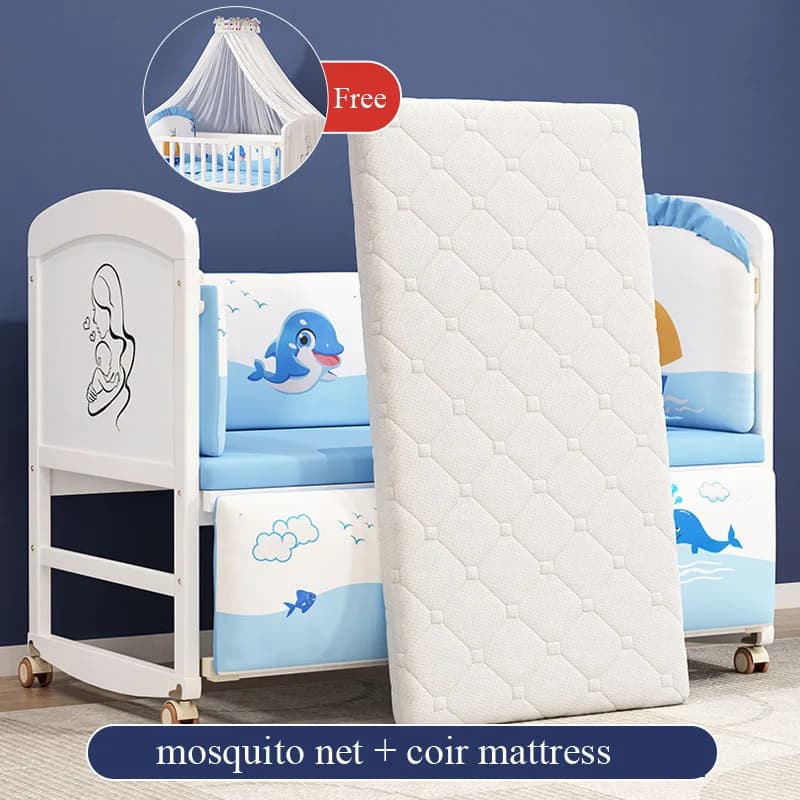 Ensemble complet de berceau de bébé en bois blanc : comprend moustiquaire, literie et matelas en lat