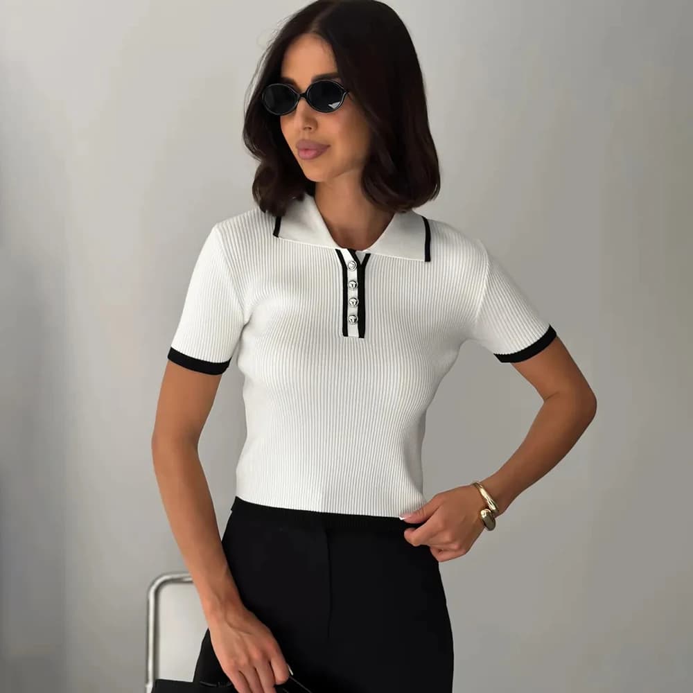 Pull Tuularose à manches courtes pour femmes, pull à revers élégant, t-shirt côtelé patchwork, à la 