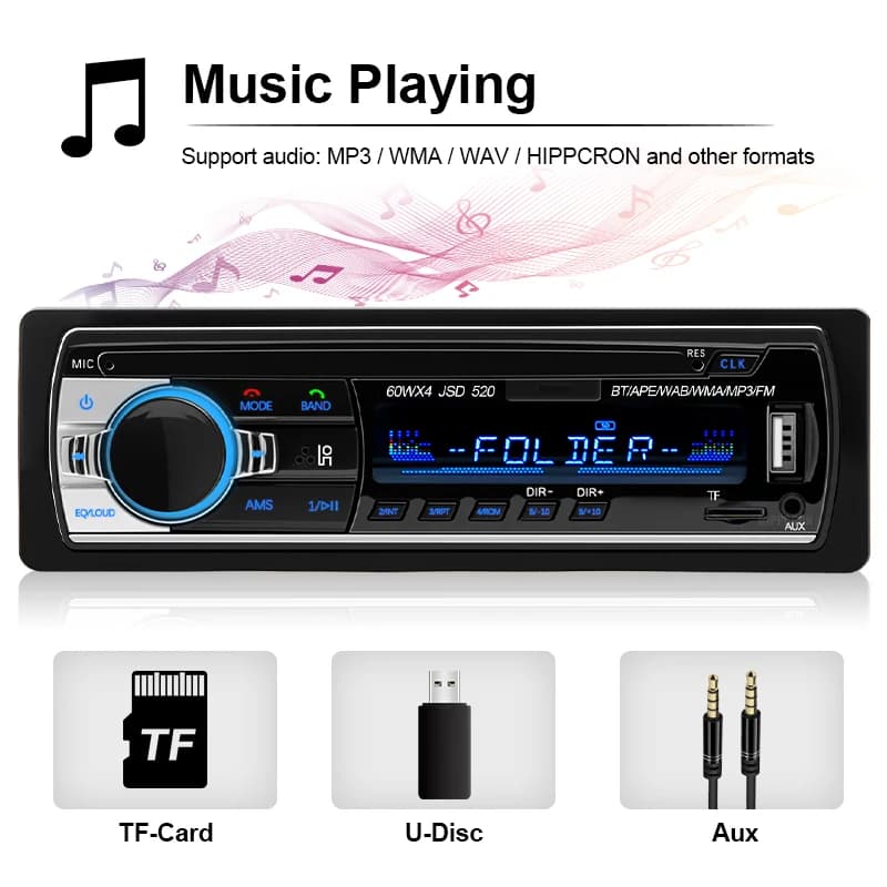 Autoradio avec Bluetooth, 1 Din, 12V, Lecteur Audio de Voiture, Régule 3 60W x 4, Radio FM, Musique,