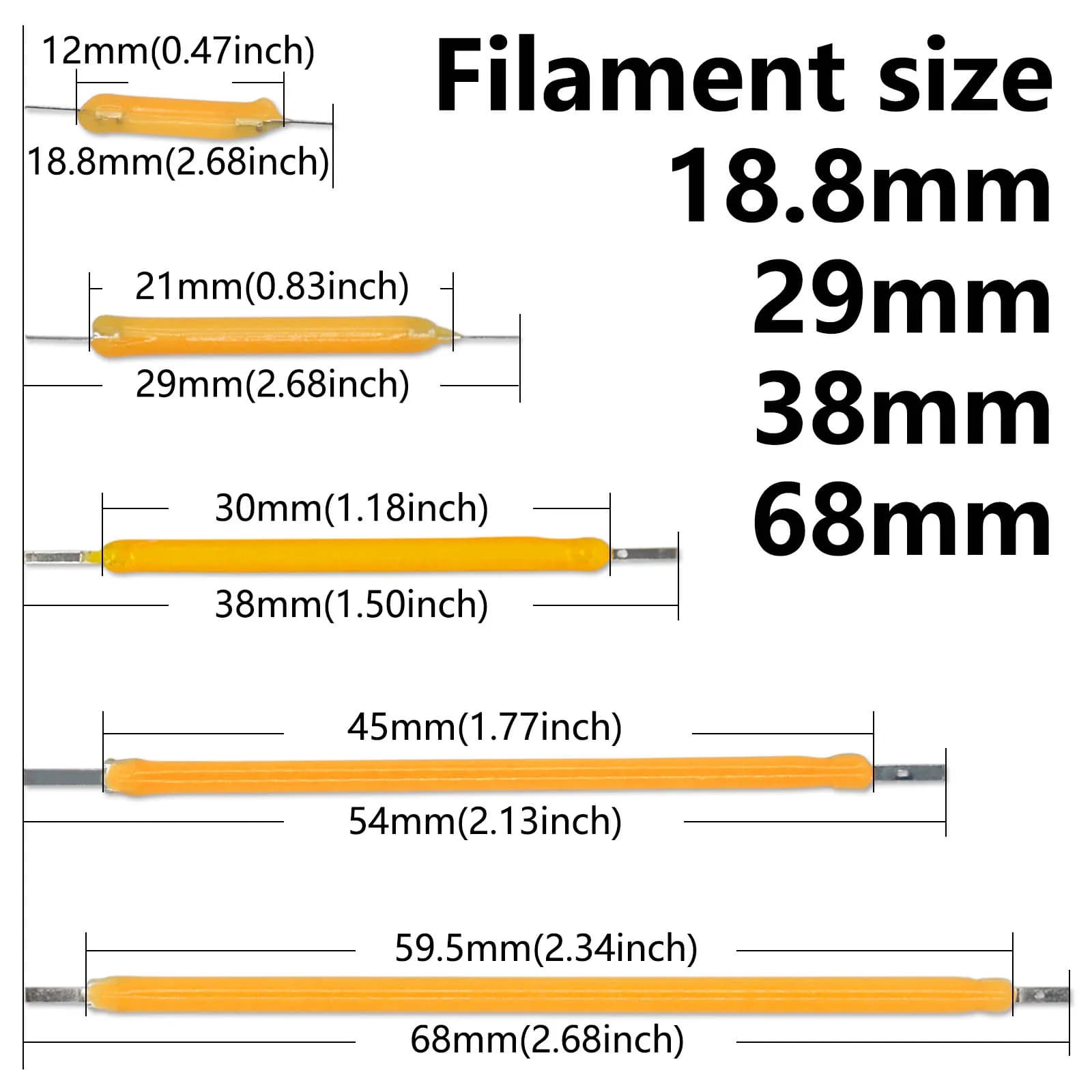 Filament LED COB 18.8mm 29mm 38mm 54mm 68mm, 10 pièces, pièces d'ampoule Edison DC 3V 12V 57V, Diode