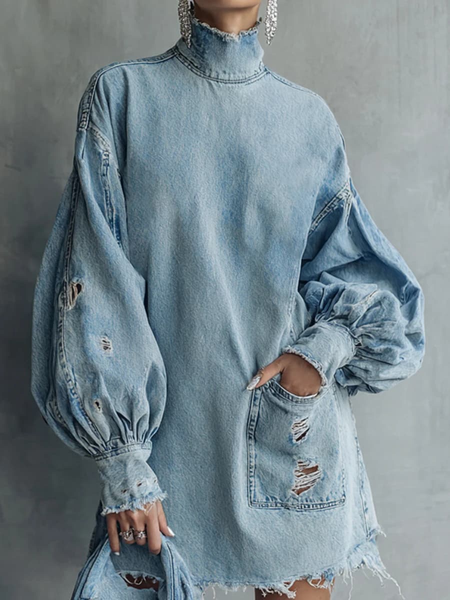 Robe Courte en Jean Rétro Tendance à Col Montant, Manches Lanterne, Poches et Détails Découpés, Coup