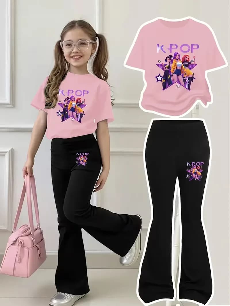 Tenue noire et rose stylée pour filles de 4 à 12 ans : T-shirt à manches courtes et pantalon évasé !