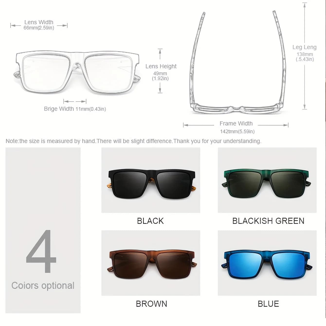 Lunettes de soleil carrées décontractées, Grain de bois, charnières à ressort, Protection UV400, uni