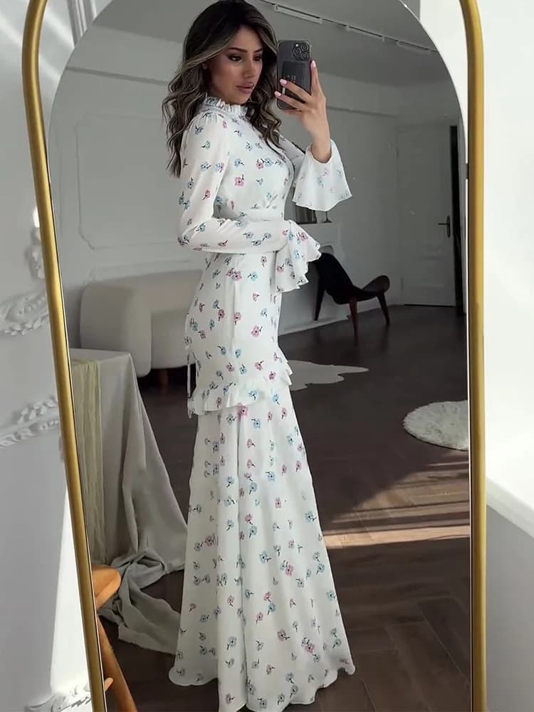 Tossy-Robe Longue Imprimée à Volants pour Femme, Tenue Élégante, Coupe Cintrée, Taille en Dentelle, 