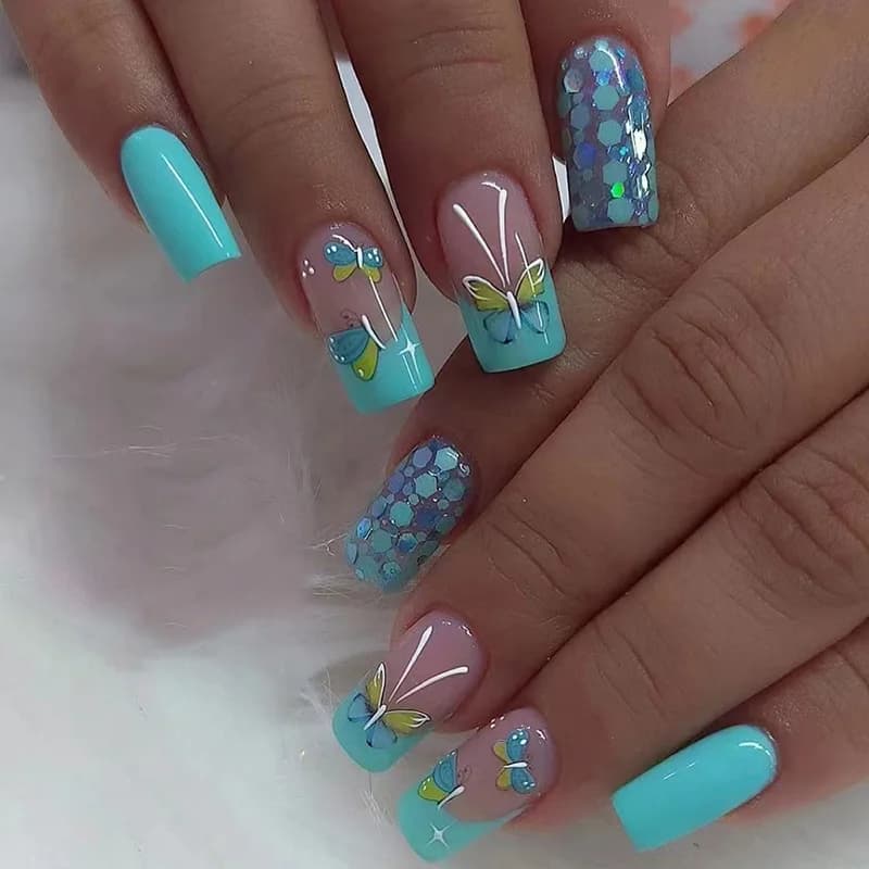 Faux ongles carrés courts, 24 pièces, bleu, vert, papillon, français, couverture complète, imperméab