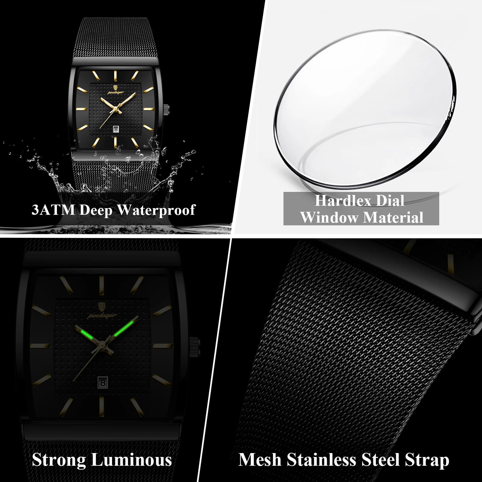 POEDAGAR Top luxe hommes montre-bracelet étanche lumineux en acier inoxydable maille Date homme mont
