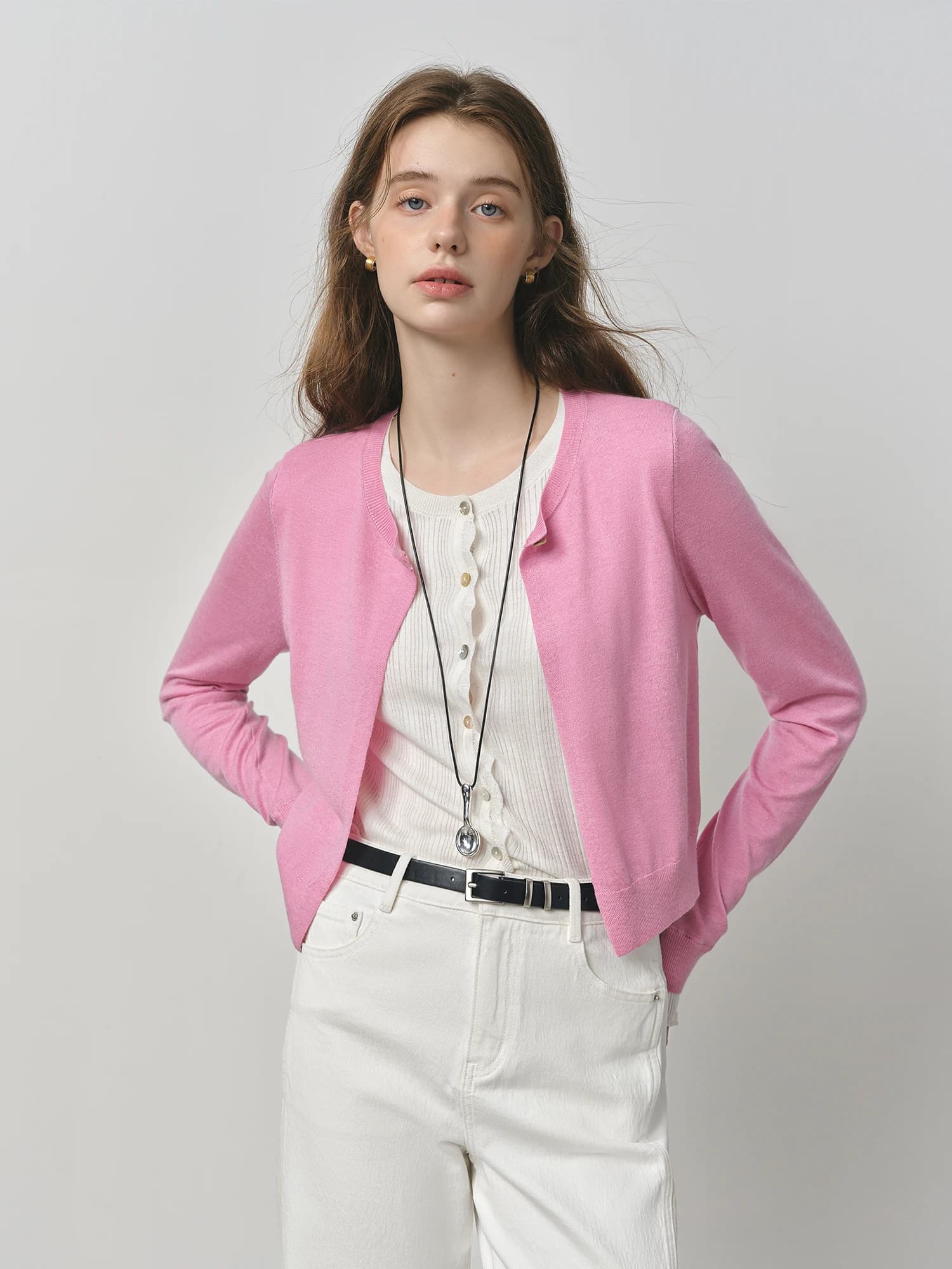 FSLE 2025 automne Style coréen femmes faux deux pièces Cardigan mûrier soie laine mélange couleur bl
