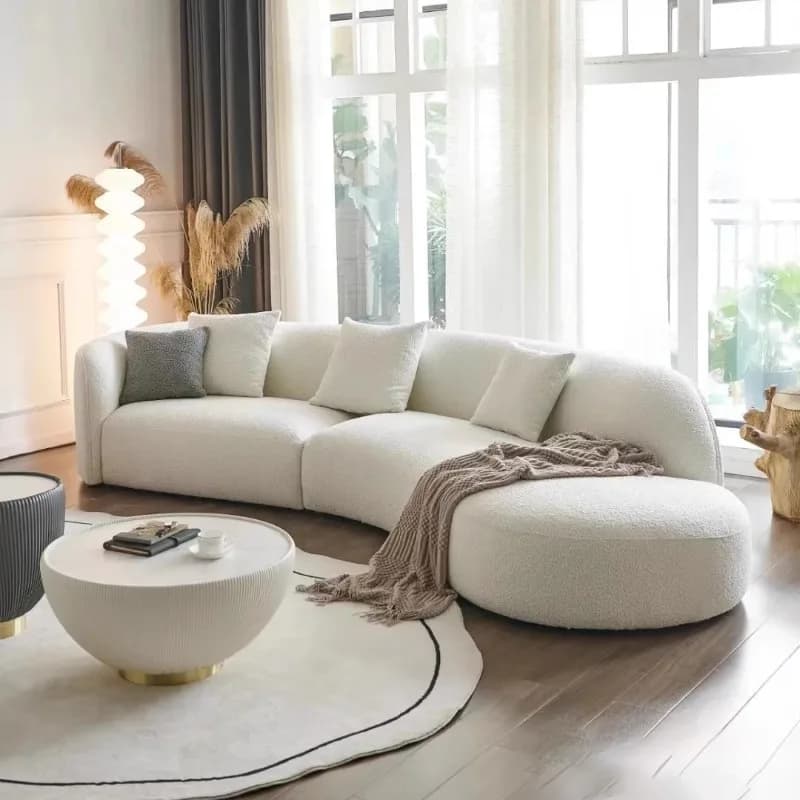 Canapé incurvé en tissu lune pour salon, moderne, en laine d'agneau réduite, de forme spéciale