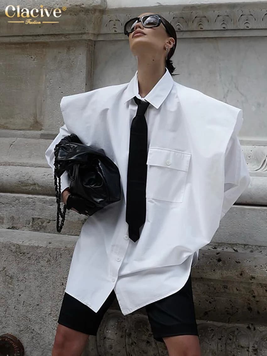 ClacMarkets-Chemisier Blanc à Manches sulfpour Femme, Streetwear, Élégant, Chic, avec Poche, à la Mo