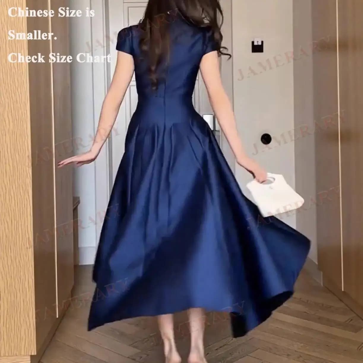 Hepburn Style élégant automne longue robe femmes col en v solide à manches courtes été Midi robes fo